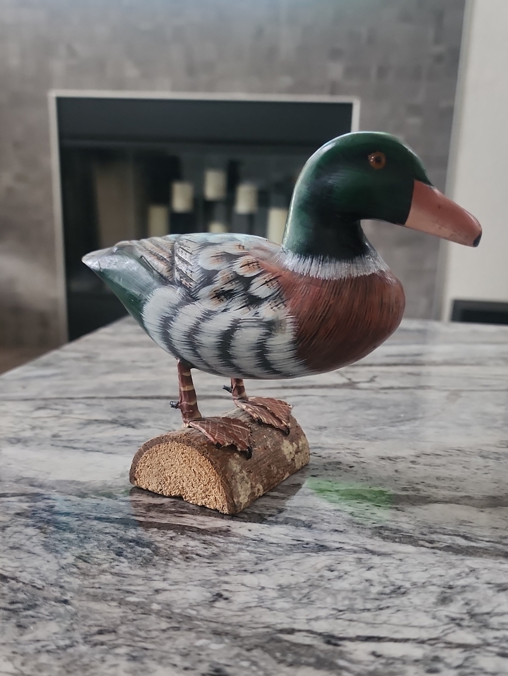 Carved Wood Duck Hand Painted Mallard on Wood Branch